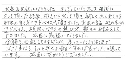 育て方のアドバイスなど数々のお話しをしてくださり勉強になりました。金額も心配していましたが思っていたより安価でもっと早くお願いすれば良かったです。